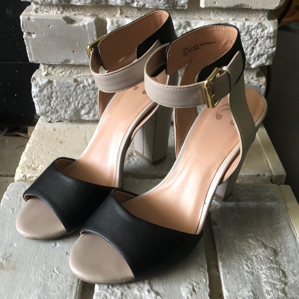 Black and white color block heels